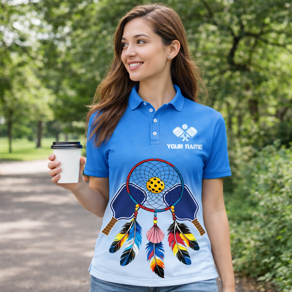 Custom Pickleball Polo Shirt Personalized Name Dreamcatcher Paddle Team Shirt Blue Gradient Performance Polo