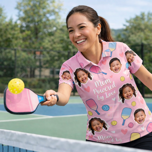 Mom Powered by Love Pickleball Custom Photo Polo Pink