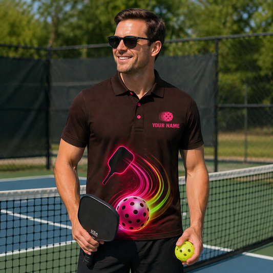 Neon Glow Pickleball Paddle Ball Mens Polo Brown Pink