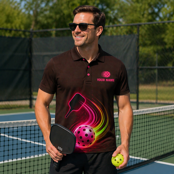 Neon Glow Pickleball Paddle Ball Mens Polo Brown Pink
