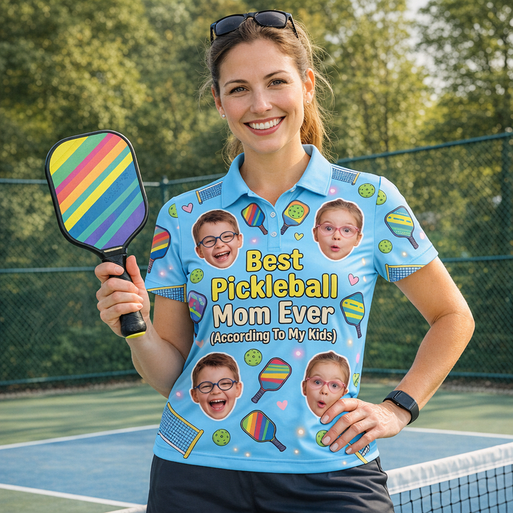 Custom Kids Photo Best Pickleball Mom Polo Light Blue