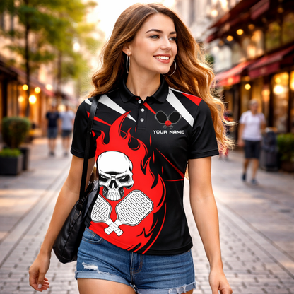 Custom Pickleball Polo Shirt Skull Flame Design Personalized Name Team Shirt Performance Sports Polo