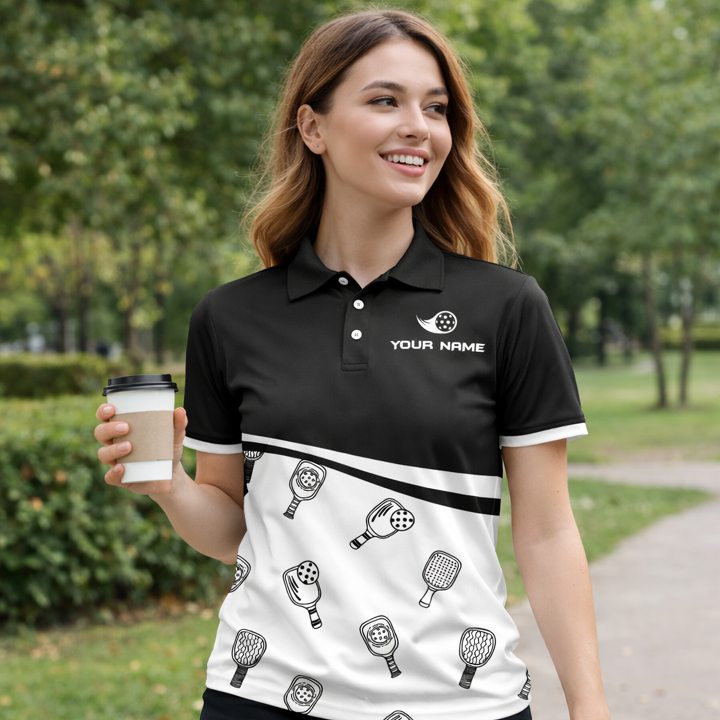 Custom Pickleball Polo Shirt Black White Paddle Pattern Personalized Name Team Shirt
