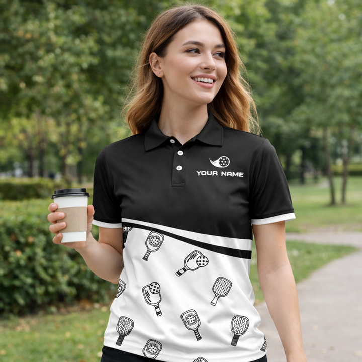 Custom Pickleball Polo Shirt Black White Paddle Pattern Personalized Name Team Shirt