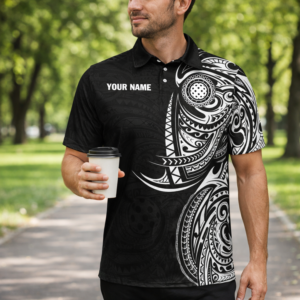 Personalized Pickleball Polo Shirt Tribal Black White Custom Name Team Sport Shirt