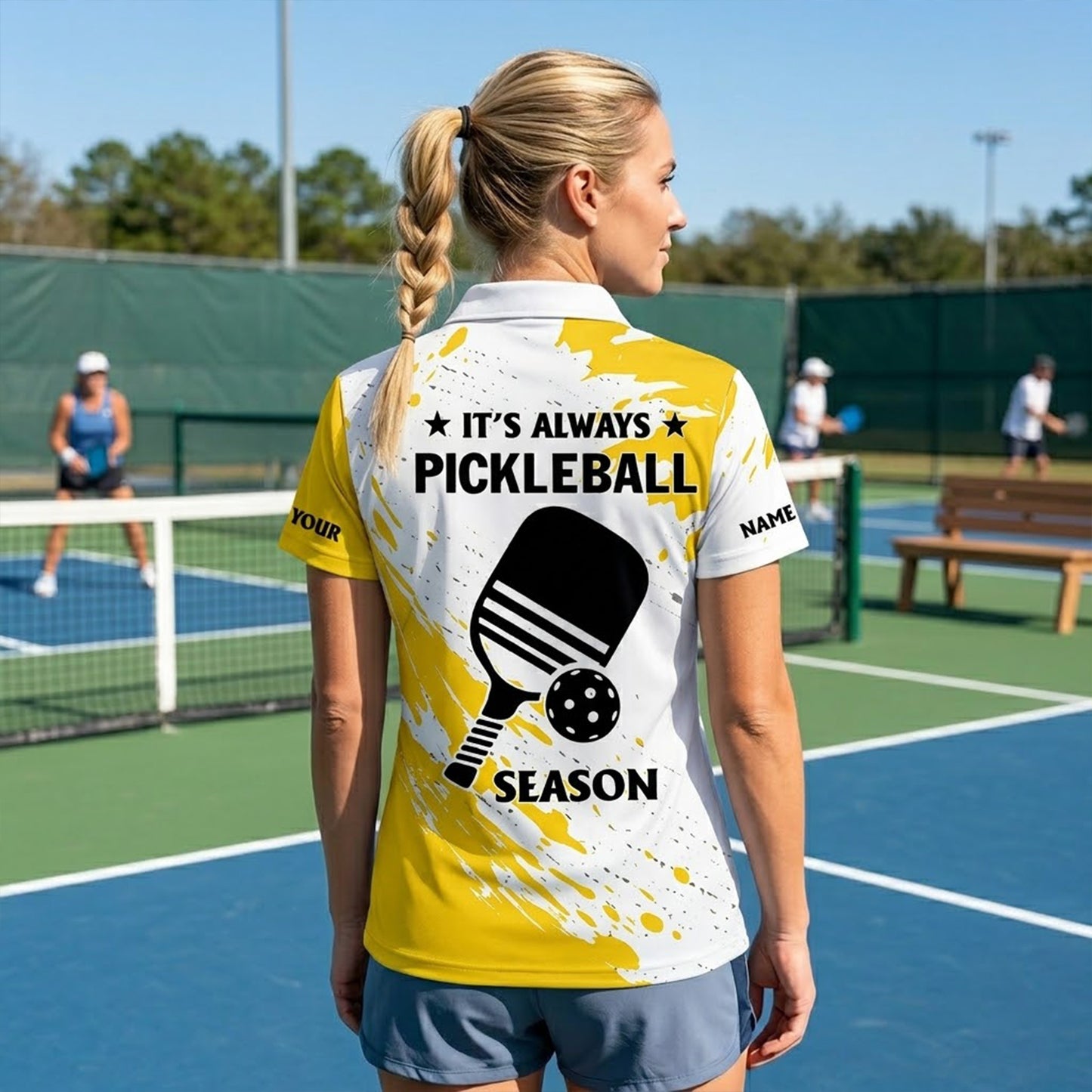 Custom Pickleball Polo Shirt Personalized Team Name Player Name Yellow White Performance Shirt Unisex