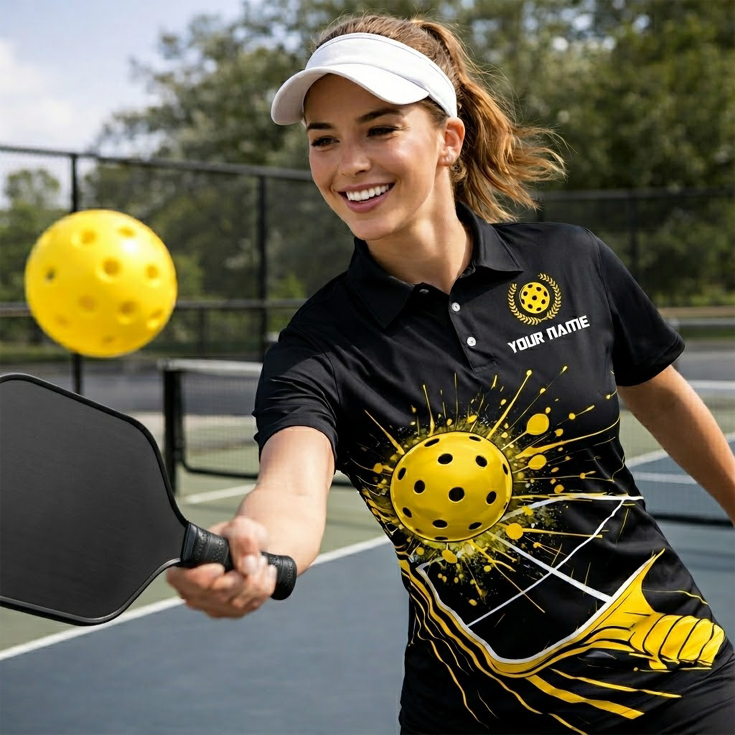 Pickleball Polo Shirt Custom Name Team Shirt Black Yellow Paddle Ball Design Breathable Sports Polo