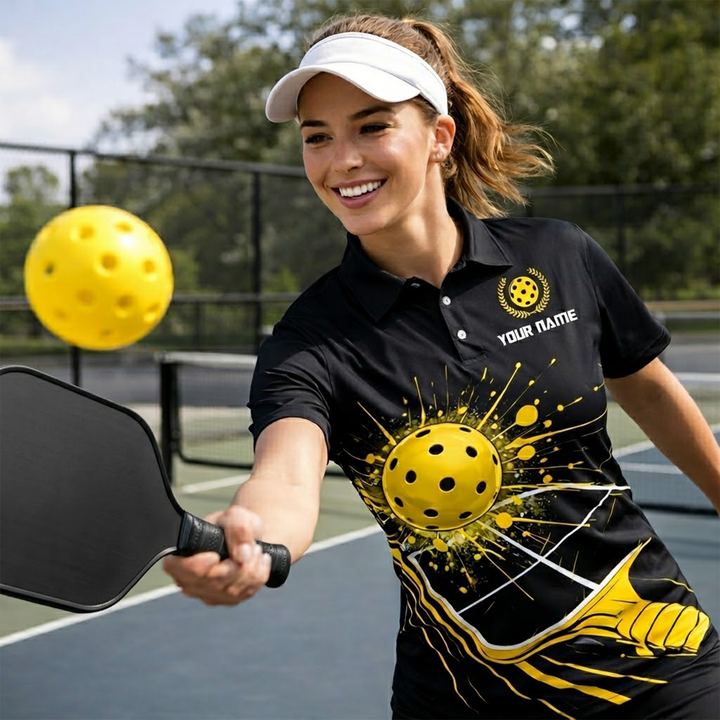 Pickleball Polo Shirt Custom Name Team Shirt Black Yellow Paddle Ball Design Breathable Sports Polo