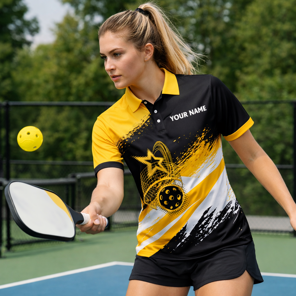 Personalized Pickleball Polo Shirt Custom Name Team Sport Black Yellow Performance Shirt