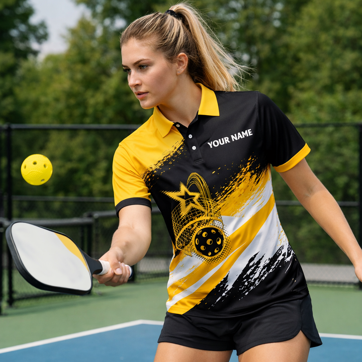 Personalized Pickleball Polo Shirt Custom Name Team Sport Black Yellow Performance Shirt