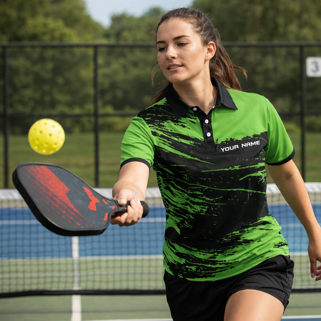 Custom Name Pickleball Polo Shirt Green Black Performance Team Jersey Unisex