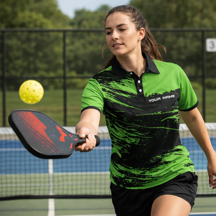 Custom Name Pickleball Polo Shirt Green Black Performance Team Jersey Unisex