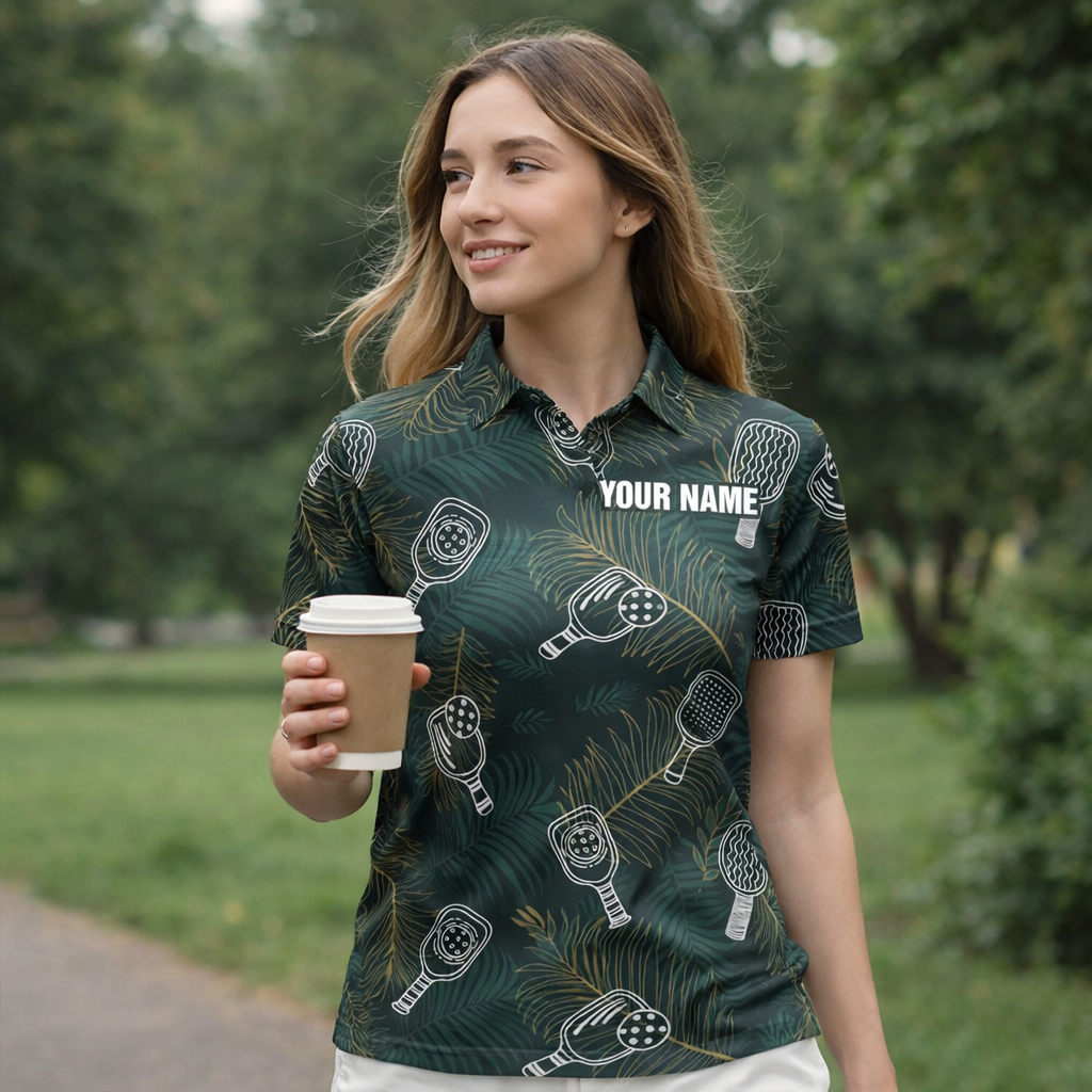Custom Name Pickleball Polo Shirt Tropical Paddle Pattern All Over Print Performance Shirt
