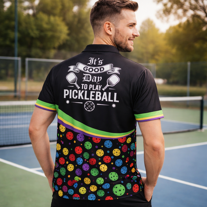 Pickleball Polo Shirt Custom Name Funny Pickleball Pattern Performance Polo Black Colorful