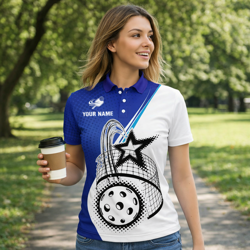 Men's Personalized Pickleball Polo Shirt, Custom Name & Team Halftone Star Ball Print, Moisture-Wicking Polyester, Blue White, Size S-5XL, 1-Pack