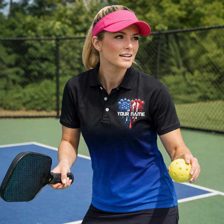 Men's Patriotic Pickleball Polo Shirt Personalized Team Name American Flag Pickleball Balls Custom Short Sleeve Golf Polo Black Blue Gradient