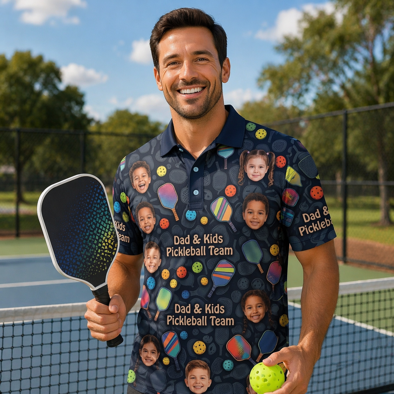 Dad & Kids Pickleball Team Custom Photo Polo Navy