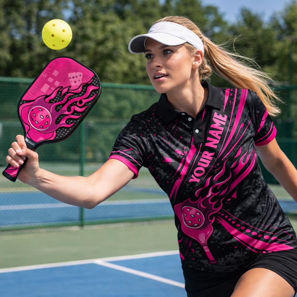 Custom Pickleball Polo Shirt Pink Flame Paddle Design Personalized Name Team Shirt Breathable Performance