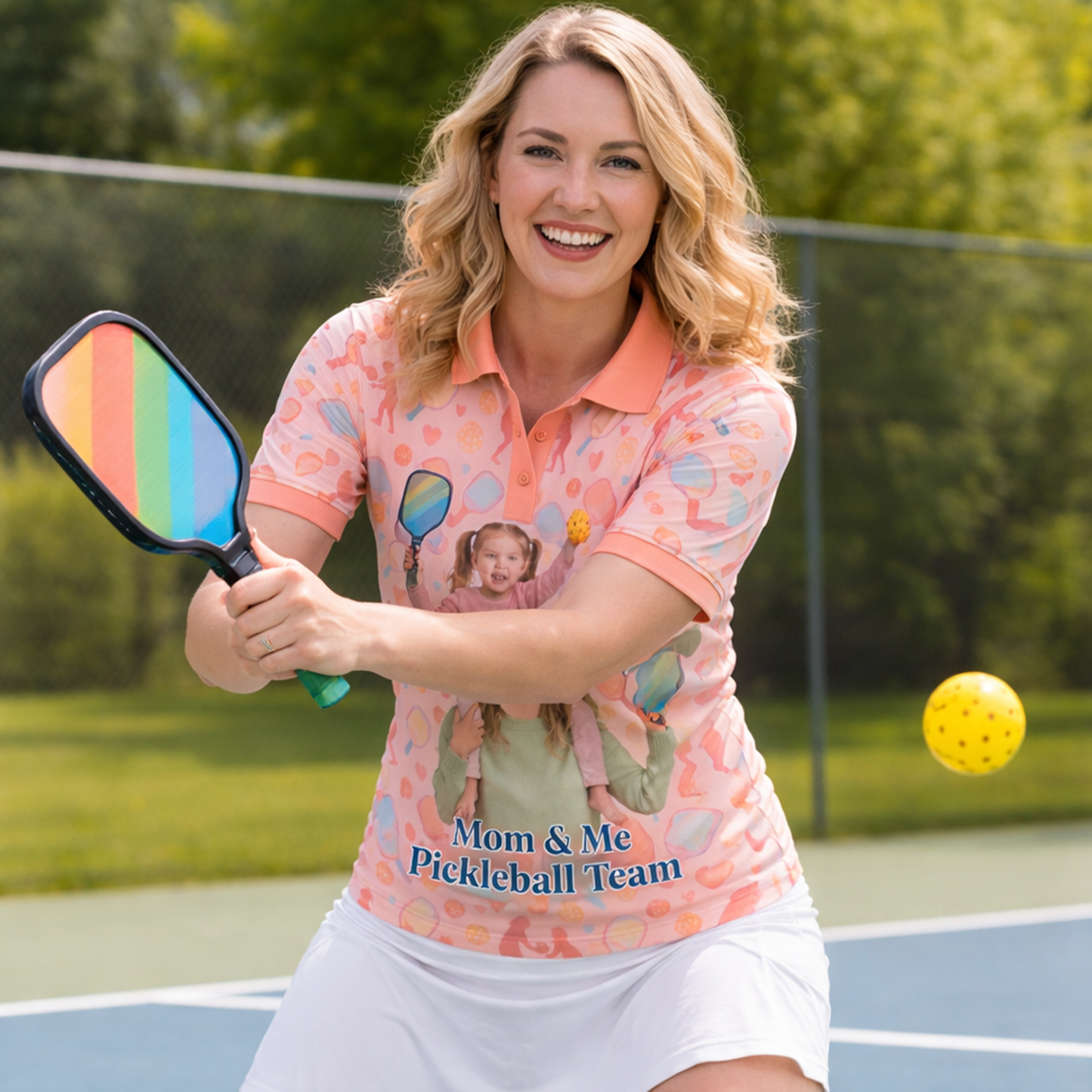 Mom & Me Custom Photo Pickleball Polo Shirt Peach Family