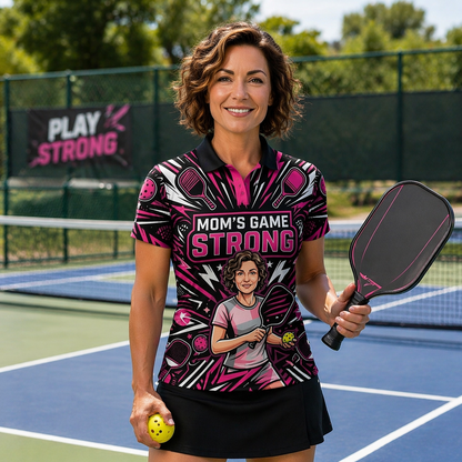 Moms Game Strong Pickleball Polo Shirt for Women Pink