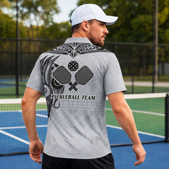 Pickleball Polo Shirt Custom Name Polynesian Tribal Style Performance Shirt Grey