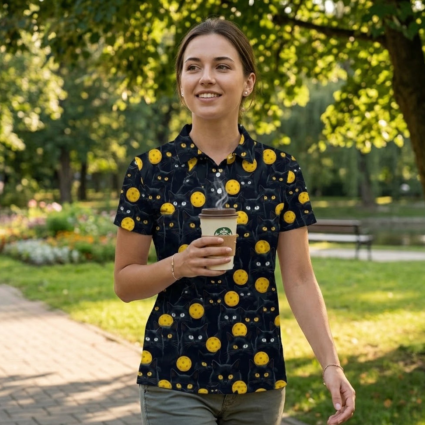 Black Cat Pickleball Polo Shirt Funny Cat Lover Sports Shirt All Over Print Breathable Athletic Tee