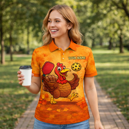 Funny Turkey Pickleball Polo Shirt Custom Name Team Shirt Thanksgiving Pickleball Outfit Breathable Mesh Top