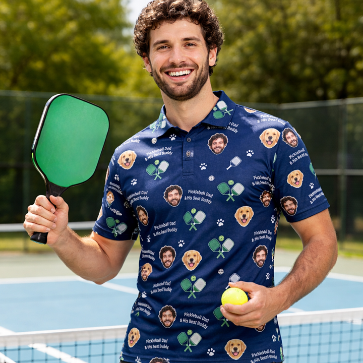 Custom Photo Pickleball Dad & Dog Polo Shirt Navy