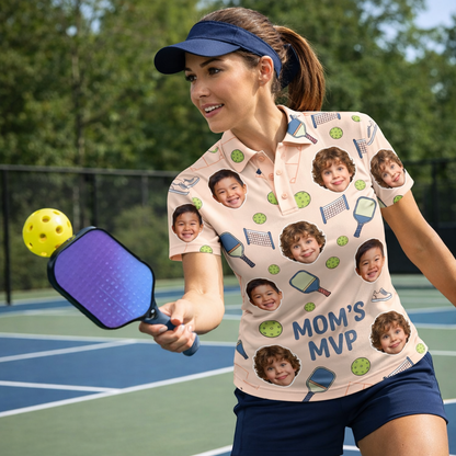 Mom's MVP Pickleball Custom Face Peach Polo Shirt