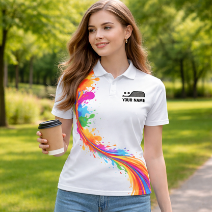 Colorful Splash Pickleball Polo Shirt Men Custom Name Team Paddle Art White Personalized