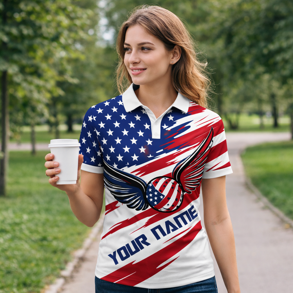Patriotic USA Flag Polo Shirt Custom Name American Eagle Wings Pickleball Shirt