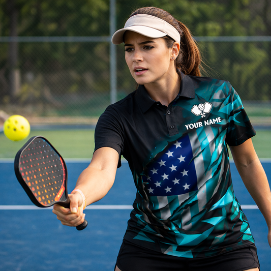 Personalized Pickleball Polo Shirt USA Flag Style Custom Name Team Shirt Breathable Performance Top