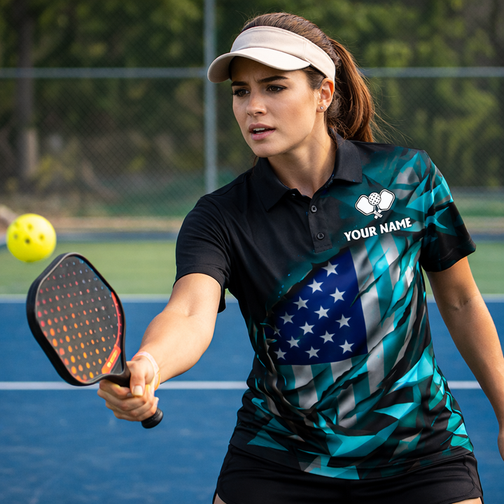 Personalized Pickleball Polo Shirt USA Flag Style Custom Name Team Shirt Breathable Performance Top