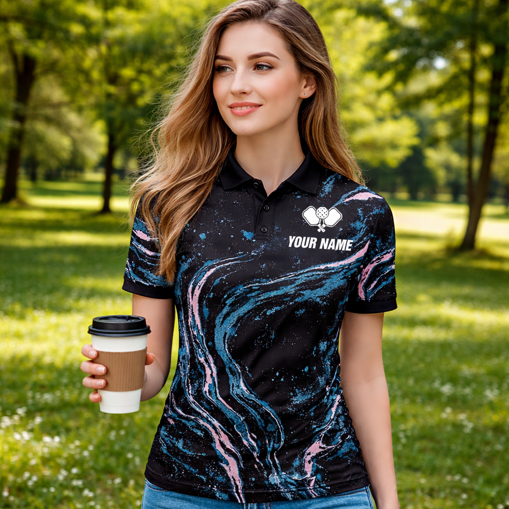 Pickleball Polo Shirt Custom Name Team Name Marble Galaxy Performance Shirt