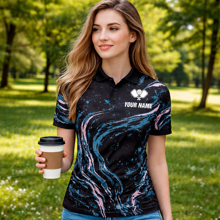 Pickleball Polo Shirt Custom Name Team Name Marble Galaxy Performance Shirt