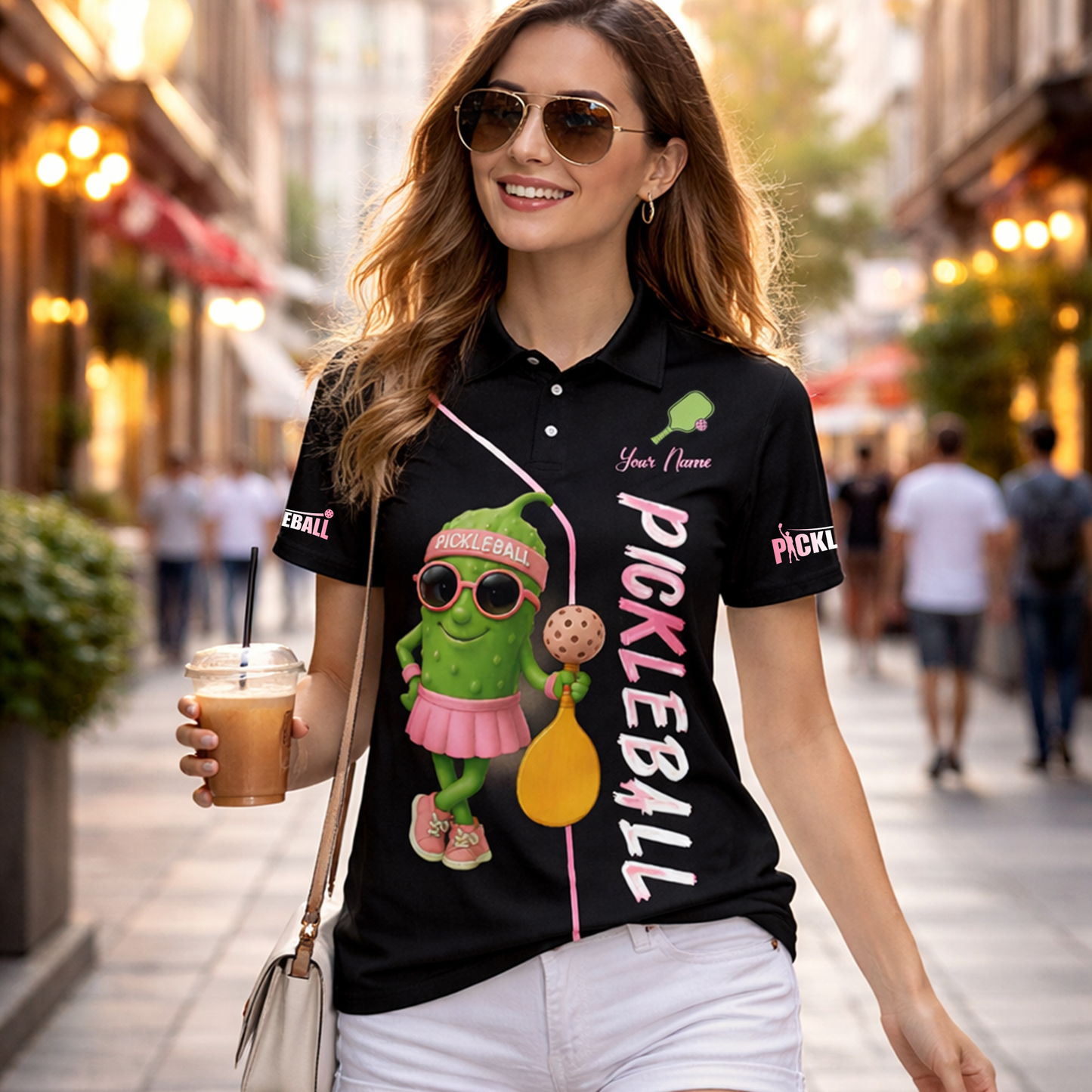 Women Pickleball Polo Shirt Cute Pickle Character Pink Style Custom Name Breathable Performance Polo