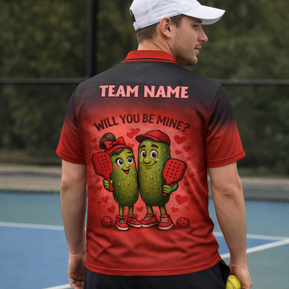 Personalized Valentine Pickleball Polo Shirt Will You Be Mine Cute Pickle Couple Custom Name Team Men's Short Sleeve Red Black Gradient Tee