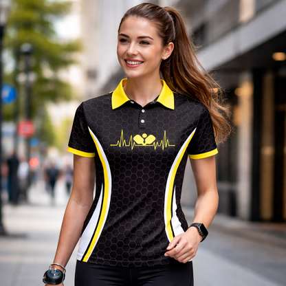Custom Pickleball Polo Shirt Heartbeat Paddle Design Personalized Name Team Jersey Performance Unisex Shirt Black Yellow