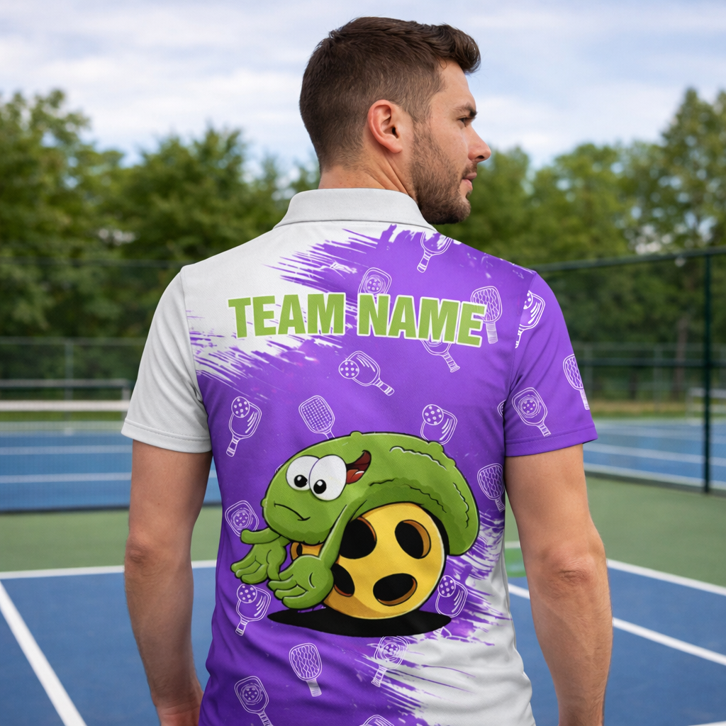 Custom Team Name Pickleball Polo Shirt for Men, Funny Turtle Purple Pickleball Paddle Pattern Personalized Jersey, Short Sleeve Athletic Sports Polo for Players and Teams