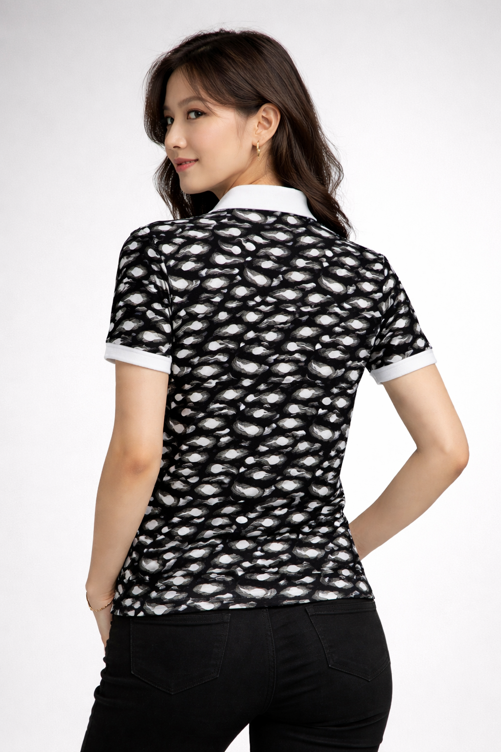 Black & White Golf Polo Shirt – Abstract Ball Pattern All Over Print