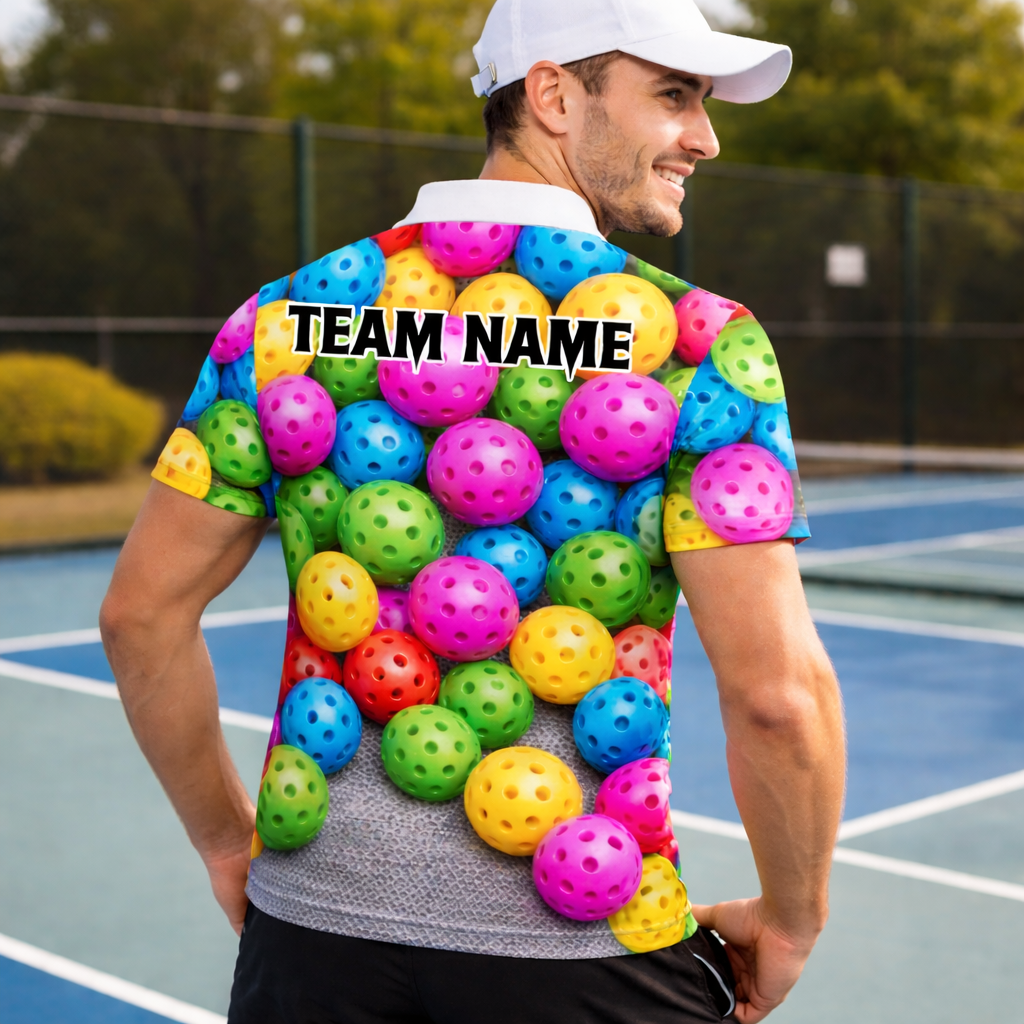 Personalized Pickleball Polo Shirt for Men, Custom Name & Team Colorful Pickleball Balls 3D Print Short Sleeve Golf Polo