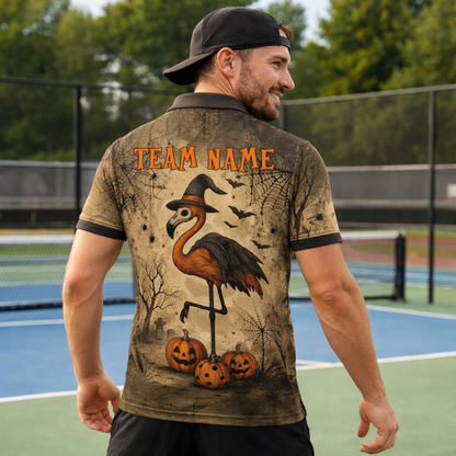 Halloween Flamingo Pickleball Polo Shirt Custom Name Team Spooky Pumpkin Performance Polo