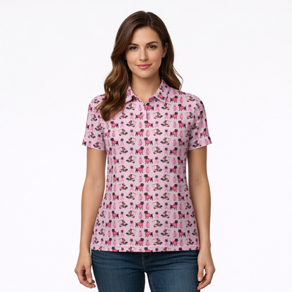 Pink Golf Polo Shirt with Dog Print – Breast Cancer Awareness Ribbon All Over Print Polo