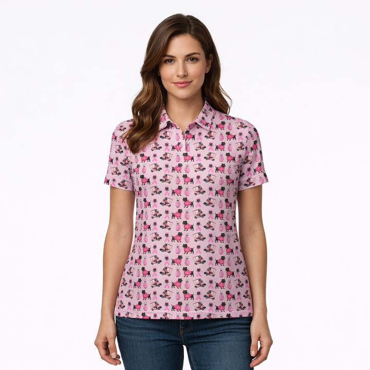 Pink Golf Polo Shirt with Dog Print – Breast Cancer Awareness Ribbon All Over Print Polo