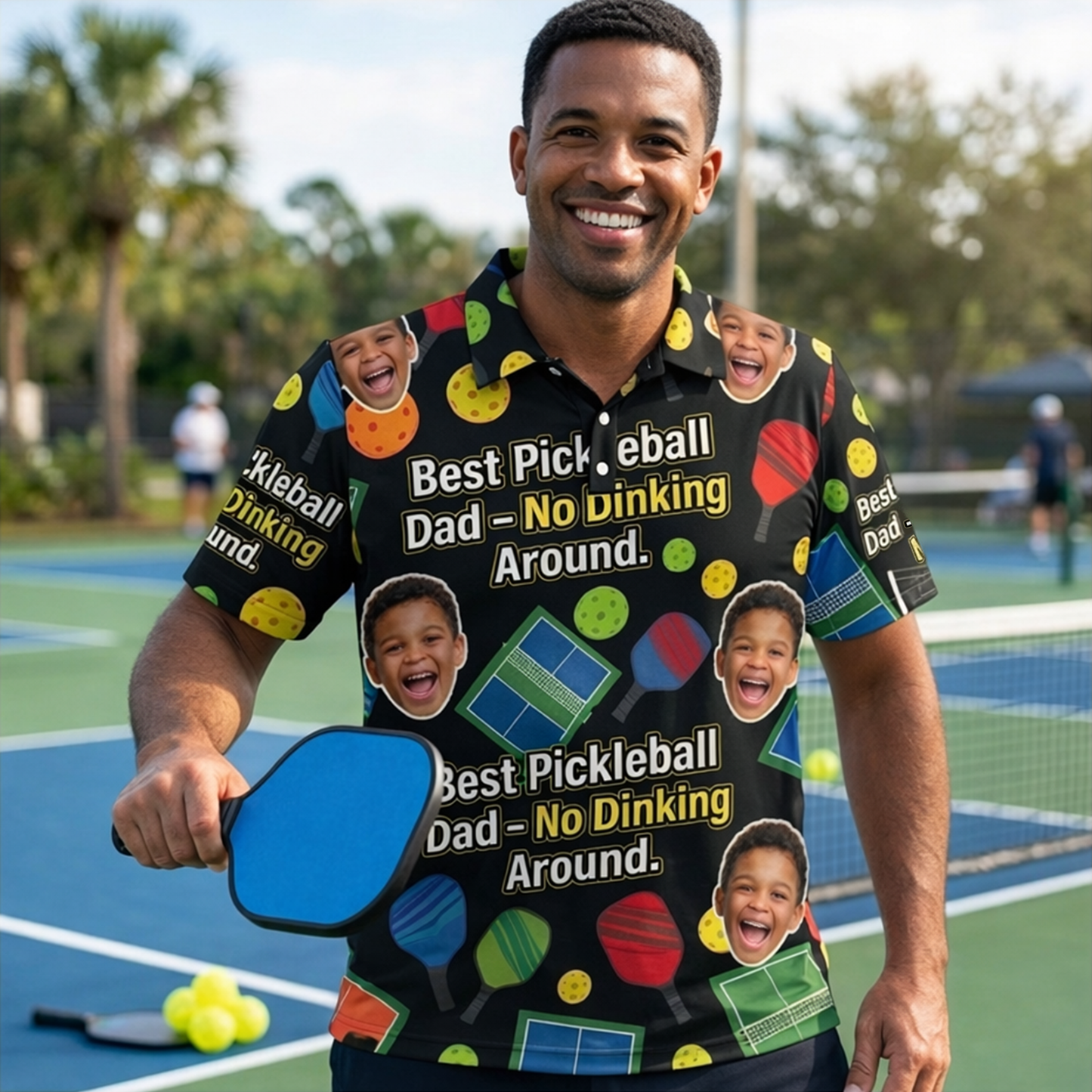 Custom Kid Photo Best Pickleball Dad Polo Black
