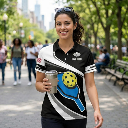 Pickleball Polo Shirt Personalized Name Unisex Black White Paddle Ball Graphic Performance Polo