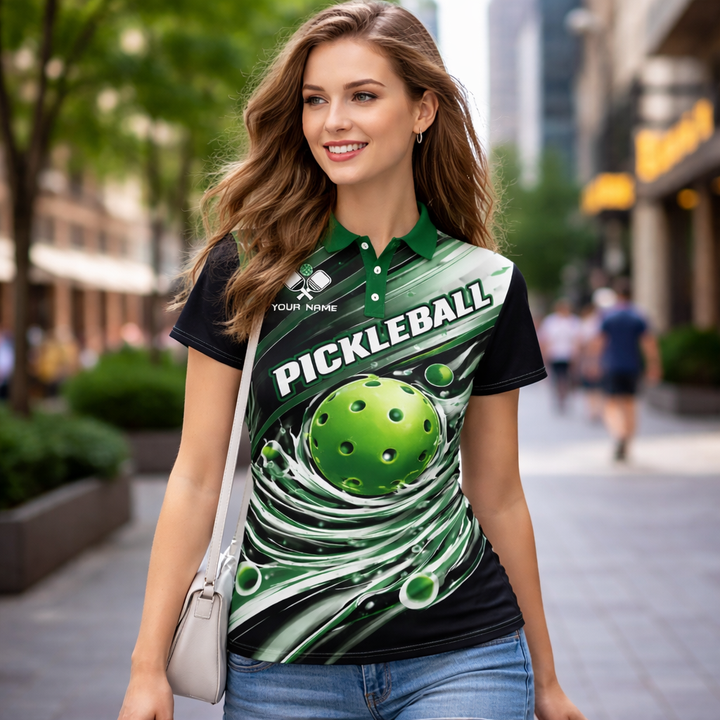 Pickleball Polo Shirt Custom Name Green Dynamic Ball Splash Design Unisex Sports Shirt