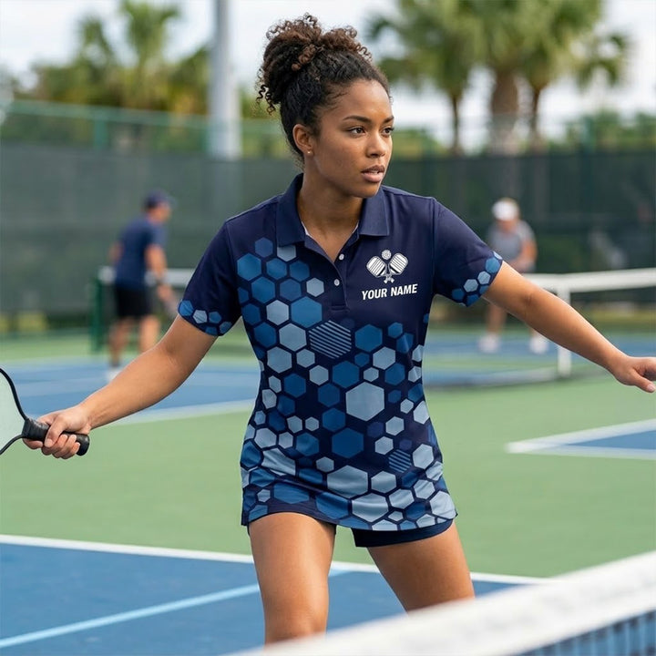 Custom Pickleball Polo Shirt Blue Hexagon Personalized Name Performance Pickleball Shirt Men Women