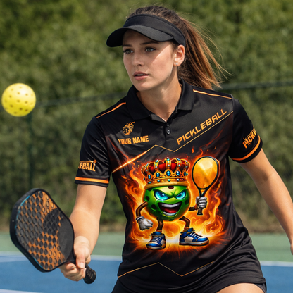 Pickleball Polo Shirt King Ball Fire Graphic Custom Name Breathable Performance Polo