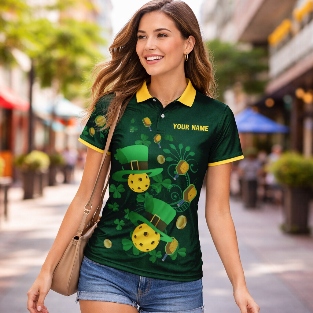 Custom Pickleball Polo Shirt St Patrick Day Personalized Name Team Green Pickleball Shirt Lucky Shamrock Performance Polo